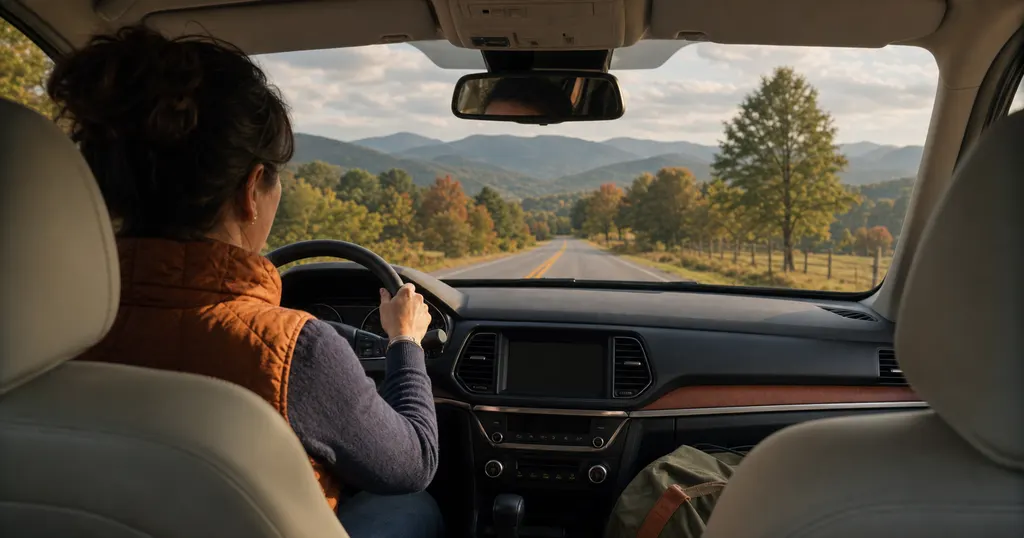 Driver looking ahead toward the North Carolina foothills