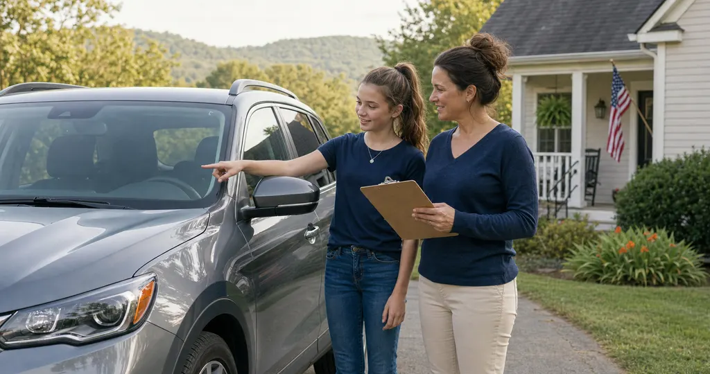 Parent and teen gathering their vehicle details together