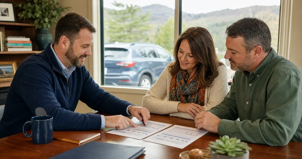 Insurance advisor helping a couple compare auto insurance quotes