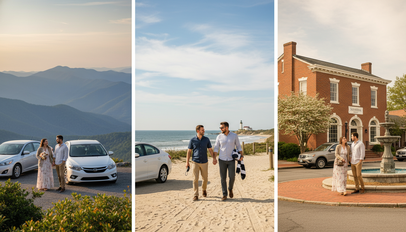 Married couple driving in North Carolina mountains