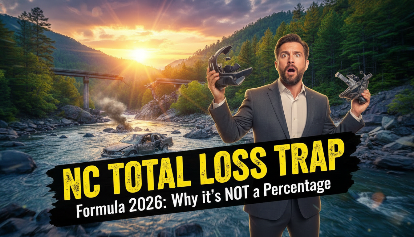 Totaled Car on North Carolina Road with Calculator Overlay