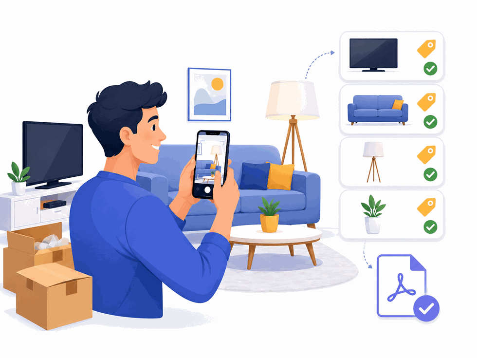 A homeowner photographs household items while the tool finds prices and builds a PDF report for the insurance adjuster