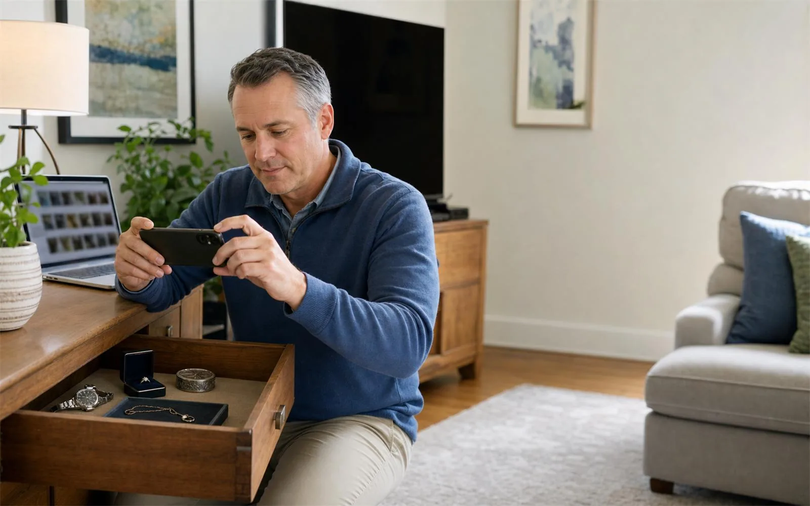 A homeowner using a phone to photograph valuables for a home inventory