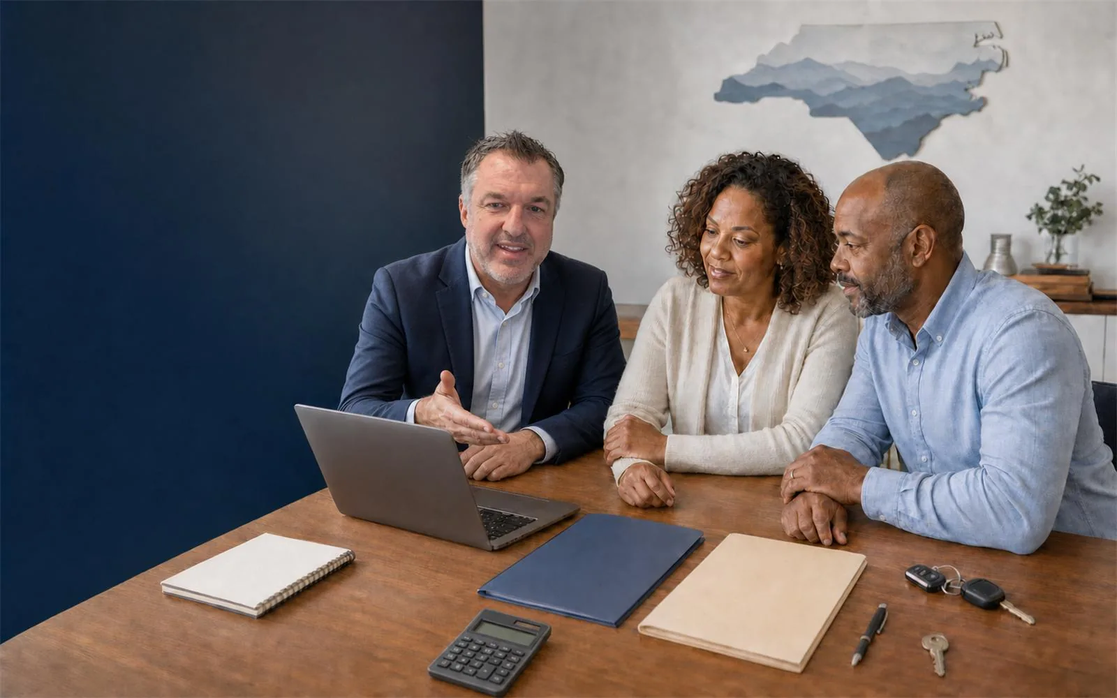 A North Carolina couple reviewing their insurance renewal with a local agent