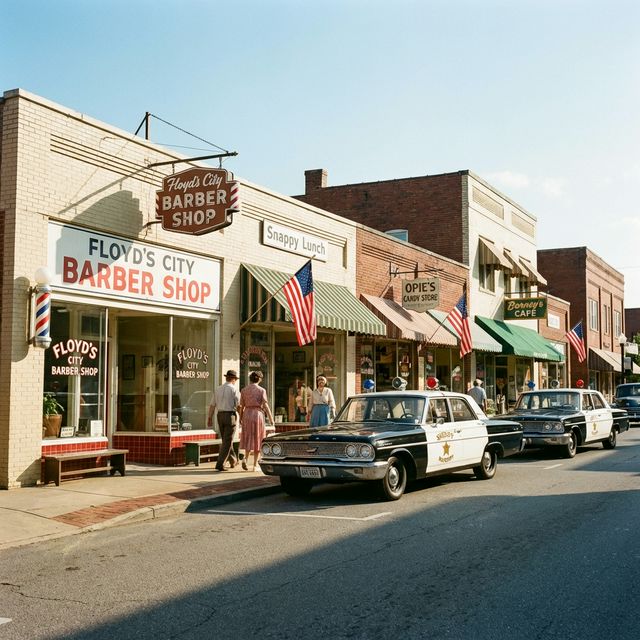Historic storefronts on Main Street in Mount Airy, North Carolina