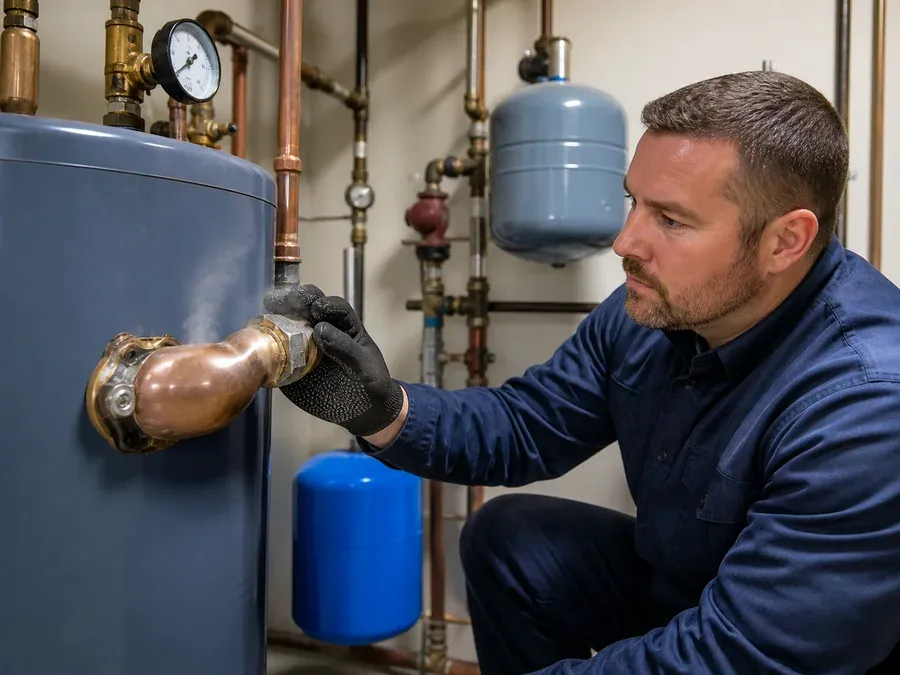Technician examining a sudden bulge in a home boiler pressure fitting