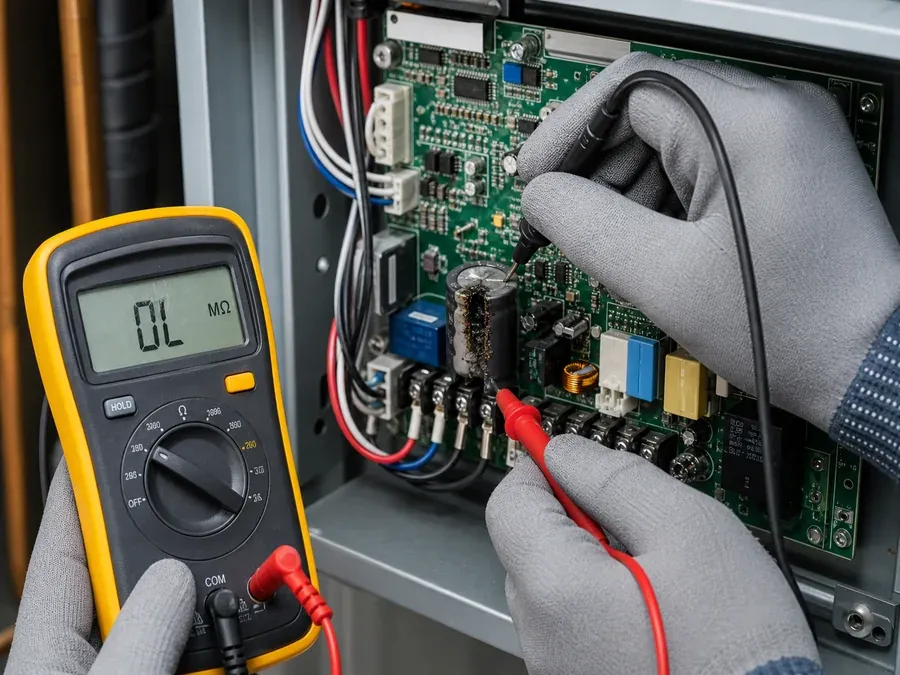 Close view of a technician testing a failed electronic control board
