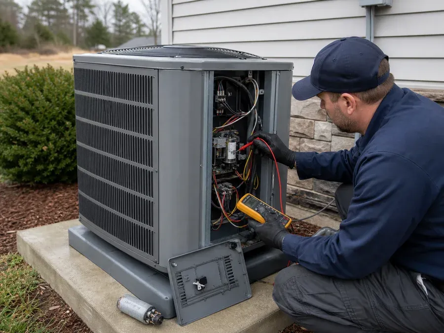 Technician testing a failed home heat-pump compressor