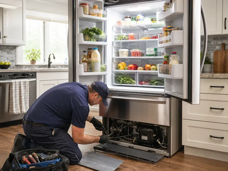 Technician checking a refrigerator compressor after it stopped cooling