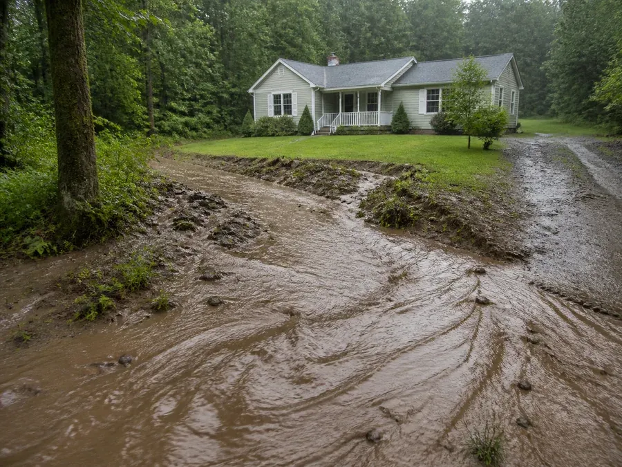 A river of liquid flowing mud crossing normally dry land near a North Carolina home