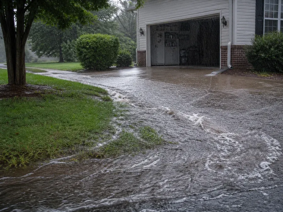 Fast rainwater runoff flowing across a yard and driveway toward an attached garage