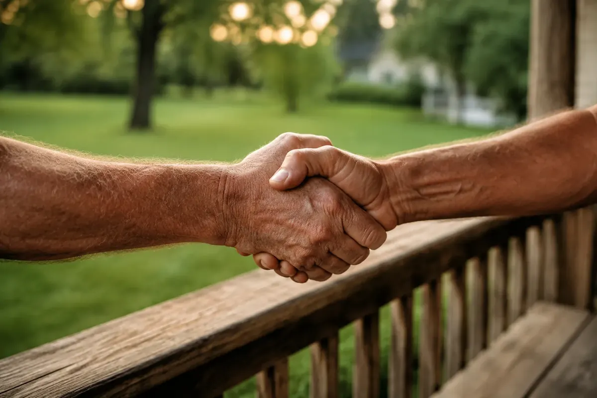Two people shaking hands over a weathered porch rail with a North Carolina lawn behind them