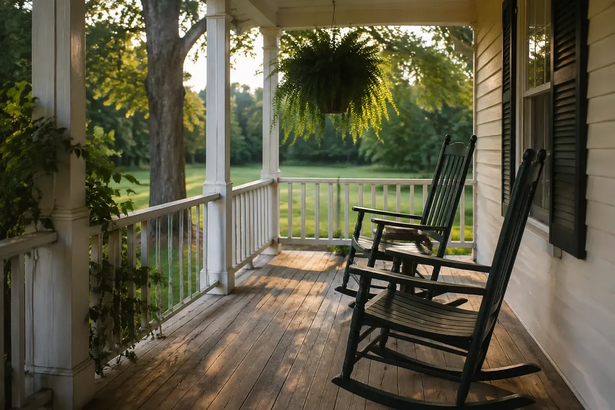 A covered North Carolina front porch with rocking chairs and a hanging fern in late-afternoon light