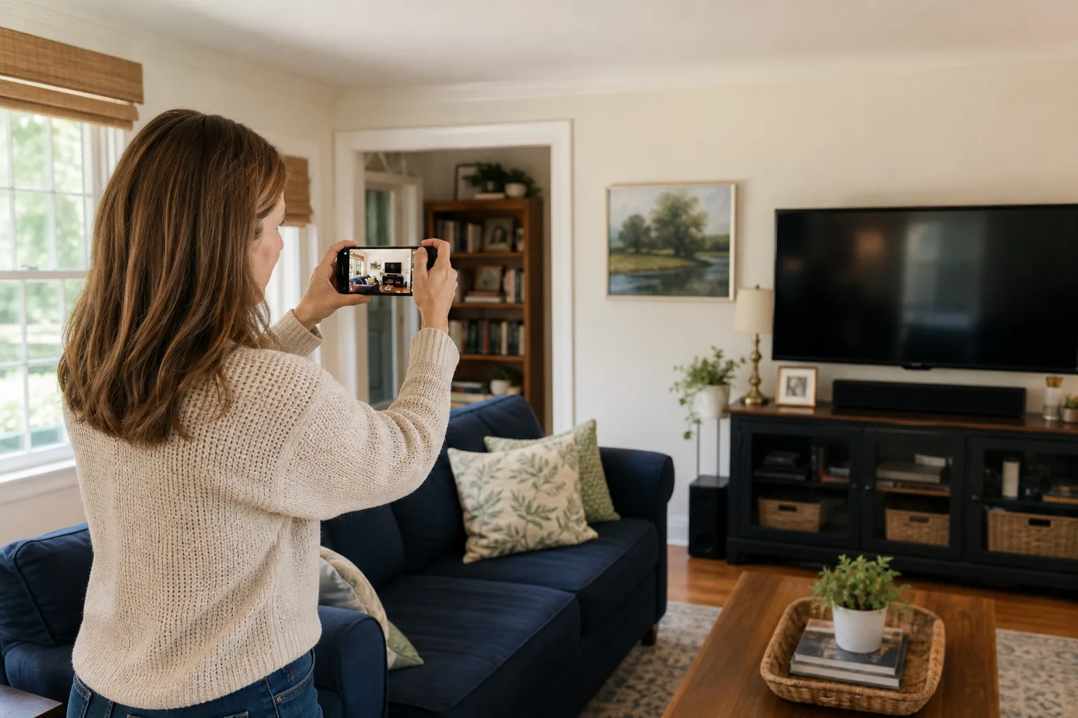 A homeowner using a phone to photograph furniture and belongings in a living room