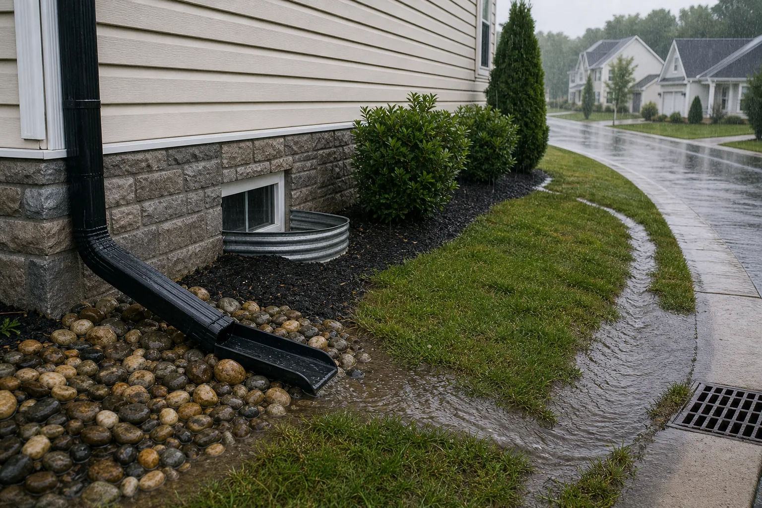 Rainwater moving past a home foundation, downspout, and storm drain