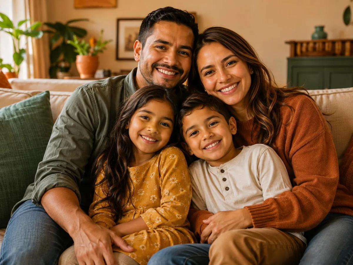 Familia hispana feliz y protegida en la sala de su hogar