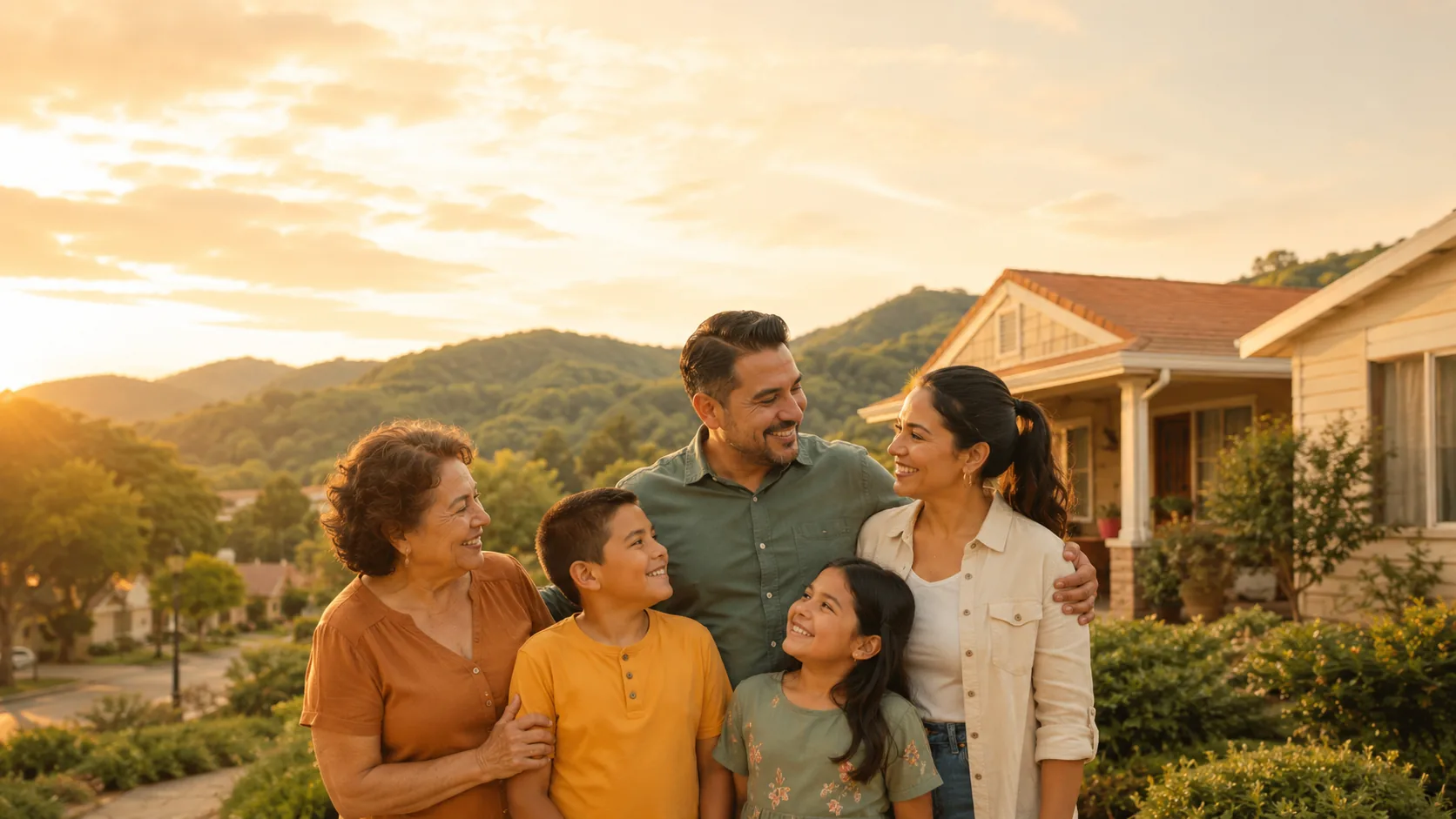 Familia hispana feliz frente a su casa en Dobson, North Carolina, al atardecer