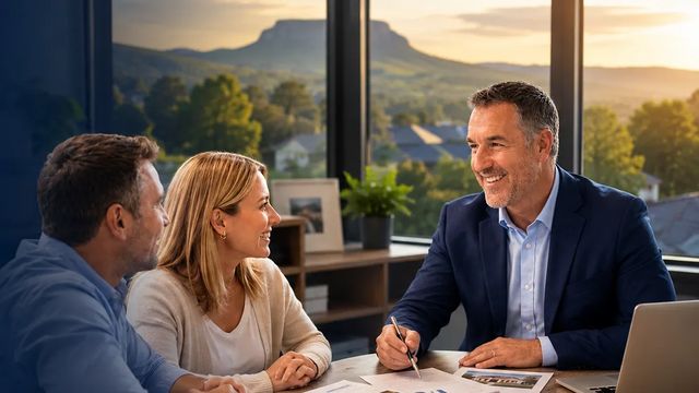 Bill Layne, owner of Bill Layne Insurance Agency in Elkin NC, shaking hands with longtime clients in his office with Pilot Mountain in the window