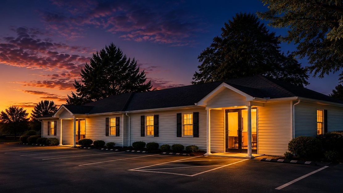 Bill Layne Insurance Agency office in Elkin, North Carolina at dusk, lights on and open