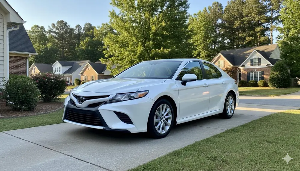 White sedan parked in a residential NC neighborhood driveway