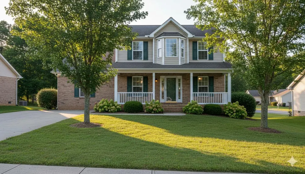 Two-story brick and siding home with front porch and green lawn in North Carolina