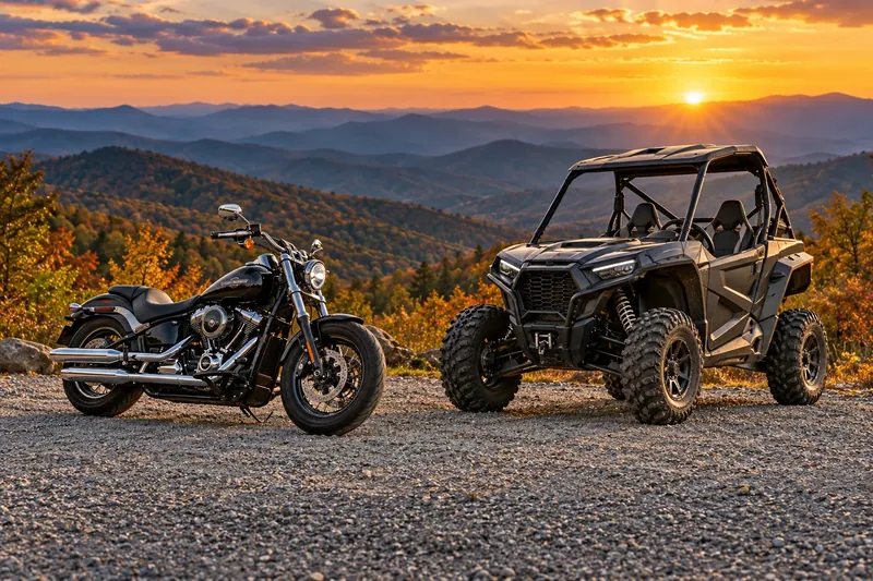 Motorcycle and side-by-side overlooking North Carolina mountains