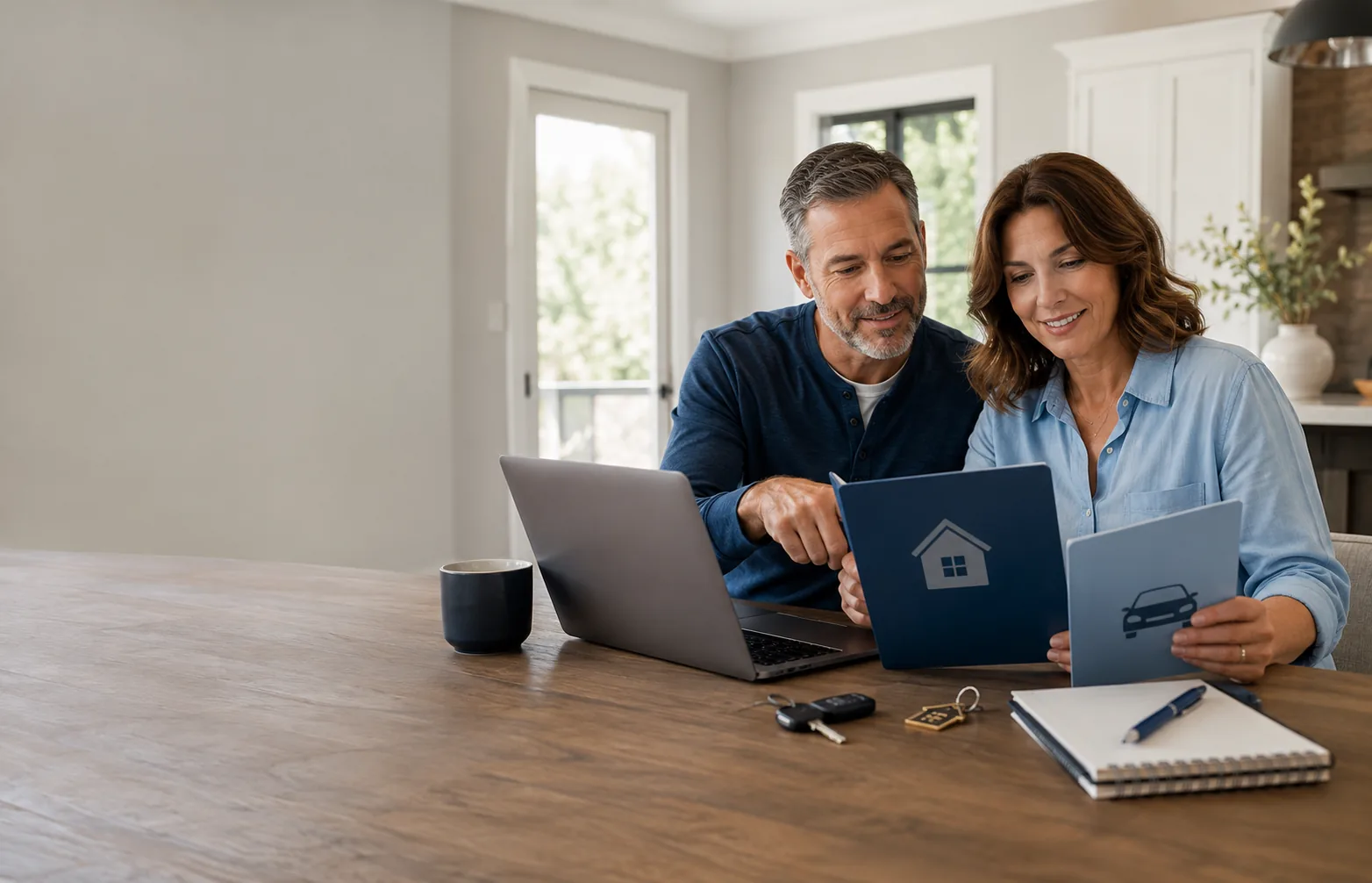 North Carolina couple comparing their auto and homeowners insurance options at home